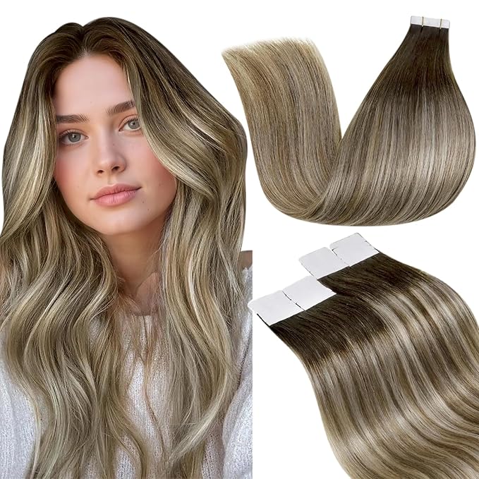 LaaVoo Tape in Extensions Human Hair Ombre Hair Extensions Real Human Hair Tape in Dark Brown to Blonde Balayage 24 Inch 20pcs 50g