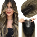 HAIR Toppers for Women Real Human Hair 150 Density 14 inch 65 grams 6x7 inch Natural Black to Chocolate Brown and Caramel Blonde lace Silk Base Clip in Hair Pieces for Women（#1B427 14inch）