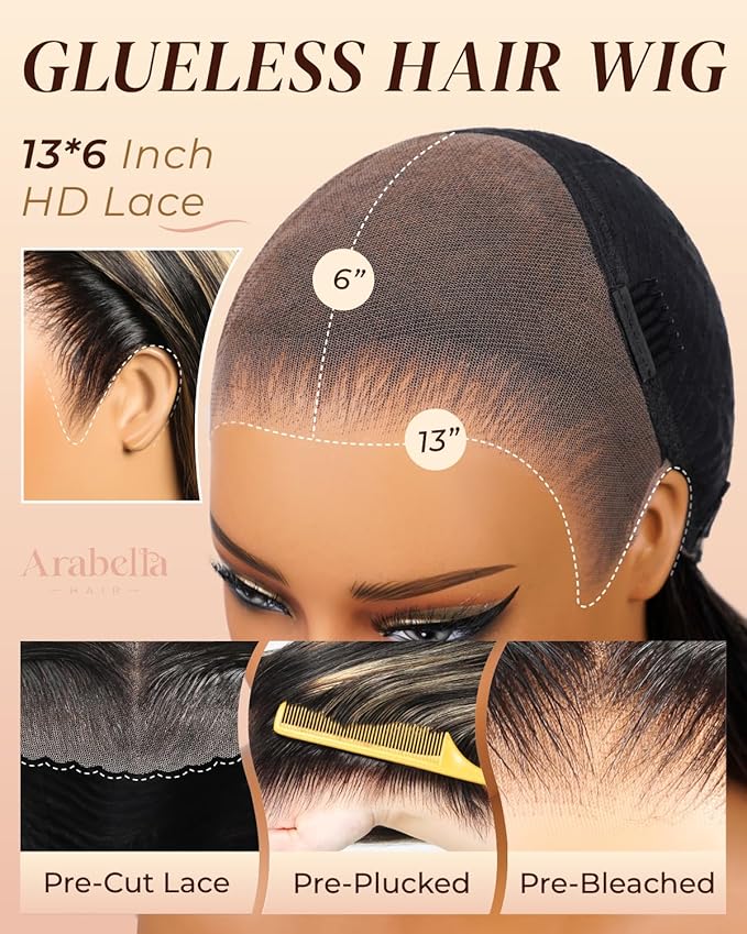 Arabella 13x6 Balayage Wig Human Hair Glueless Wigs Human Hair Pre Plucked Pre Cut 13x6 Ear to Ear Full HD Lace Front Wigs 210% Density 1B/27 Straight Wig Drawstring Wig Human Hair 20 Inch