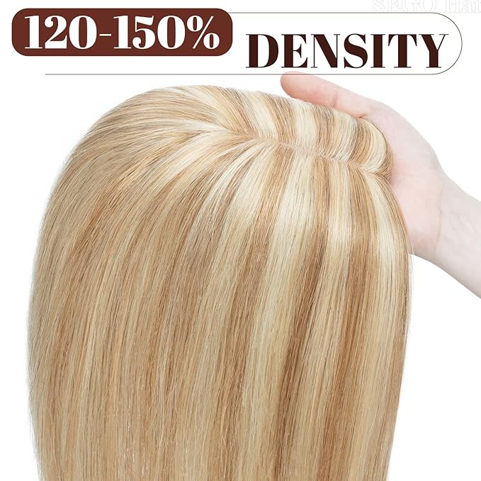 SEGO Real Human Hair Topper for Women without Bangs, Hair Topper with Anti-Slip Clips (6 Inch#12/613 Golden Brown Mix Bleach Blonde)