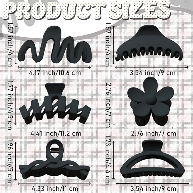 12 Pcs Claw Clips, Multi-Shapes Hair Clips for Women Girls, Non-Slip Large Jaw Claw Clips for Thick Thin Curly Hair Accessories (Black)