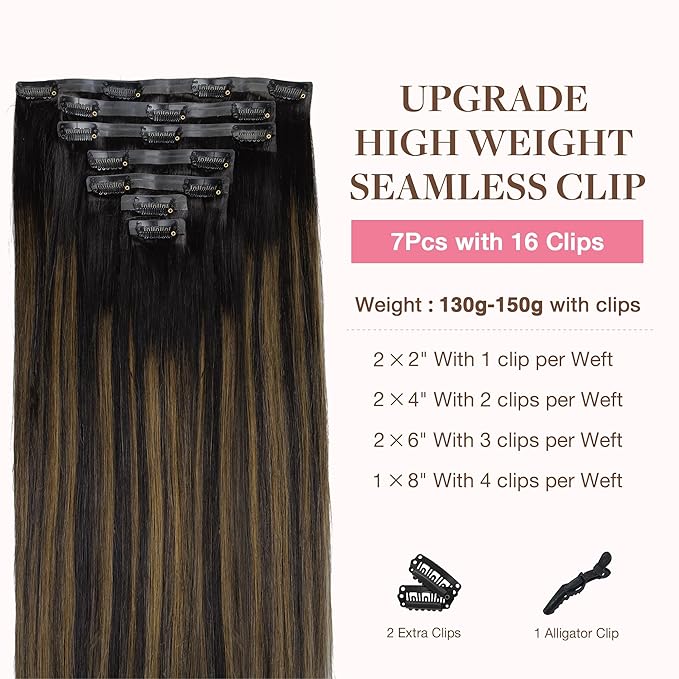 GOO GOO Clip in Hair Extensions Real Human Hair, Remy Human Hair Extensions Clip ins for Women, Natural Human Hair, 22inch 160g 7Pcs, #1B/6/1B Balayage Natural Black to Chestnut Brown
