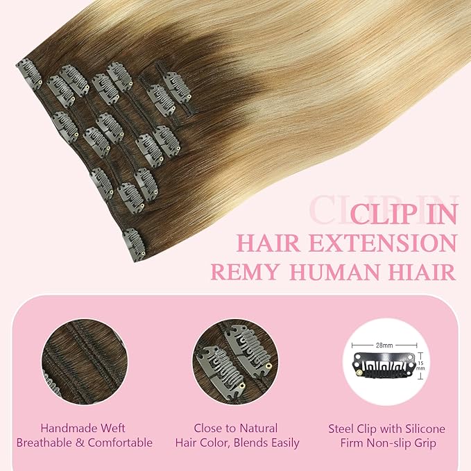 PINKPEARL Clip in Hair Extensions Real Human Hair, Remy Human Hair Extensions Clip ins, 18inch 120g 7Pcs, #4/27/60 Balayage Chocolate Brown to Caramel Blonde and Platinum Blonde(#4/27/60-18)