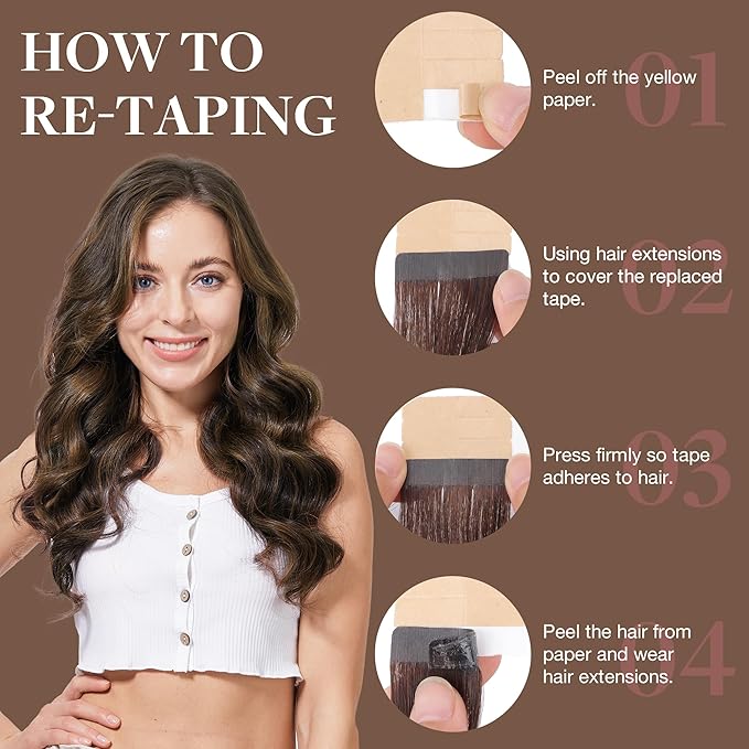 GOO GOO Tape in Hair Extensions Human Hair, 2C/4E/6C Brown Sugar Swirl Highlights, 10inch 30g 20pcs, Skin Weft Seamless Invisible, Silky Straight with Thick Ends, Remy Human Hair