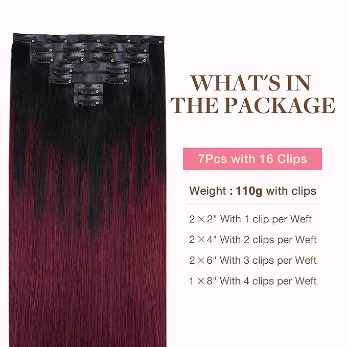 GOO GOO Clip in Hair Extensions Real Human Hair, Remy Human Hair Extensions Clip ins for Women, Natural Human Hair, 18inch 130g 7 Pcs, #1/99j Balayage Jet Black to Red Seamless Blend