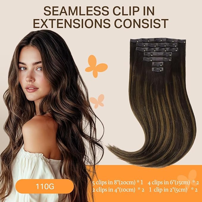 DOORES Clip in Hair Extensions, Dark Brown to Chestnut Brown 7pcs 110g 22 Inch, Real Human Hair Seamless Clip in Hair Extensions Straight Invisi Edge