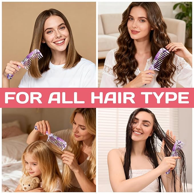 Wide Tooth Comb,Effortless Tangle Removal for Curly, Wet, Long Hair Wet,Cute Aesthetic Design for Women Men and Girls (Purple-03)