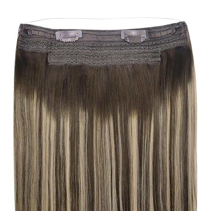 YoungSee 135G Brown Wire Hair Extensions Real Human Hair Balayage Hair Extension Invisible Wire Ombre Dark Brown with Ash Blonde Headband Hair Extension for Natural Look 24Inch