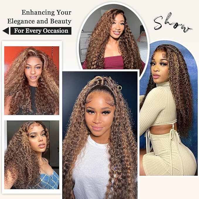 40 Inch Highlight Ombre Human Hair Wigs 13x6 HD Honey Blonde Deep Wave Lace Front Wigs Human Hair 180 Density Glueless Deep Wave 4/27 Colored Wet and Wavy Curly Wig Pre Plucked for Women