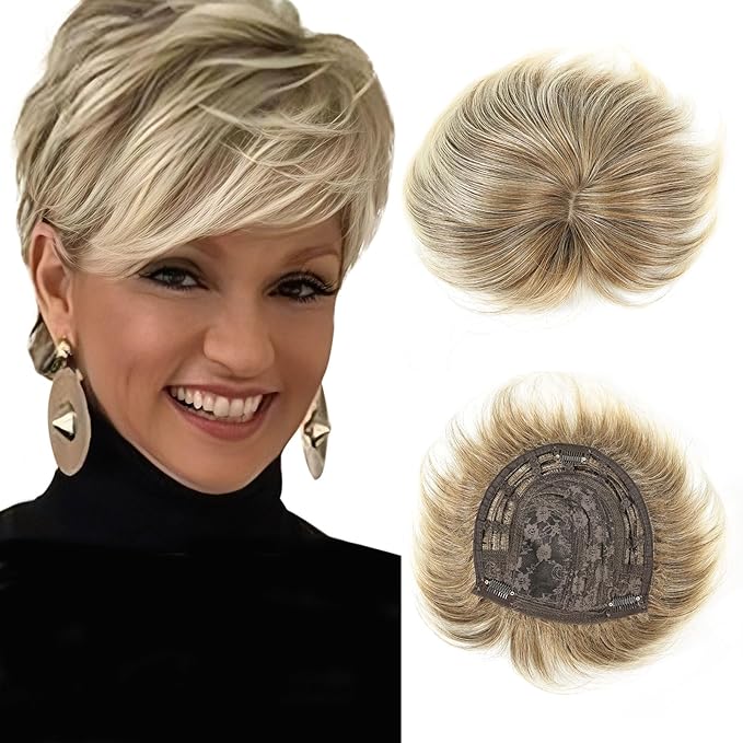QUEENTAS Hair Topper for Women with Thinning Hair Pieces 6.5"*6"Large Coverage 360°3D Synthetic Short Wiglets with 5 Clips(Blonde Mixed Brown)