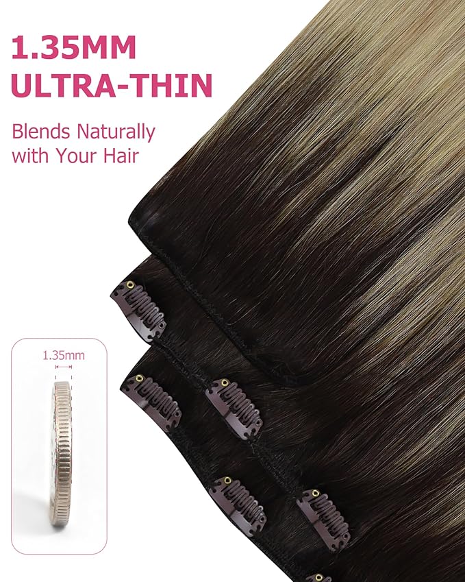 YoungSee 150G Clip in Hair Extensions Ombre Real Human Hair Extensions Clip ins Medium Brown Ombre Golden Blonde Mix Platinum Blonde Clip in Extensions Real Human Hair 7Pcs 24Inch