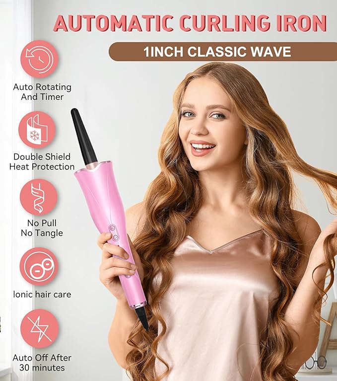 Automatic Curling Iron, Curling Wand Self Rotating for Medium and Long Hair, with Guider Rod - Easy to Use, No Burns, No Tangle, Fast Curl, 1 Inch, Dual Voltage, Automatic Hair Curler for Teen Girls