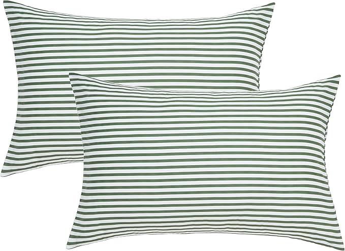 JELLYMONI 100% Natural Cotton Striped Queen Pillowcases Set, 2 Pack White and Green Stripes Pattern Printed Pillow Covers with Envelope Closure(Pillows are not Included)