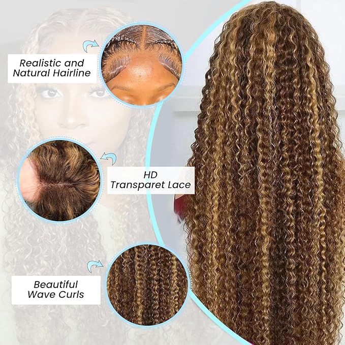 Highlight Ombre 13x6 Lace Front Wig Human Hair 210 Density 28 Inch Deep Wave Honey Blonde Glueless HD Transparent Lace Frontal Wigs for Women