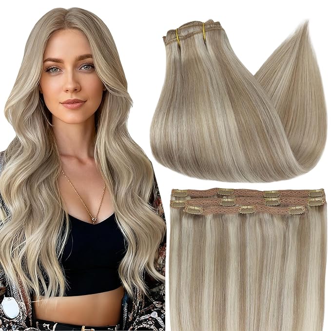 Full Shine Clip in Extensions Golden Blonde Highlight Medium Blonde Clip in Hair Extensions for Women Straight Invisible Clip ins Softness 12 Inch 3 PCS 60 G