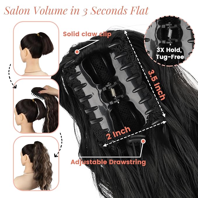 Ponytail Extension, 18 Inch Claw Clip Ponytail Extensions Curly Wavy Ponytail Hair Extension Jaw Clip on Pony Tails Hairpiece for Women Fluffy Natural Synthetic for Daily Use (Light Black)