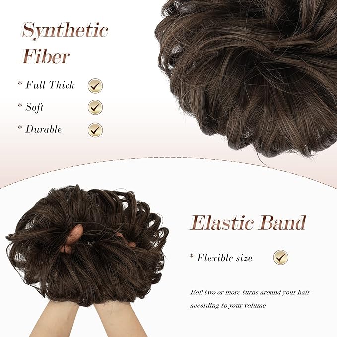 FESHFEN Messy Bun Hair Piece - Elastic Wavy Curly Hair Bun Scrunchies Extensions Synthetic Chignon Hairpieces for Women Girls, Dark Brown & Light Auburn Mixed 1.5 oz