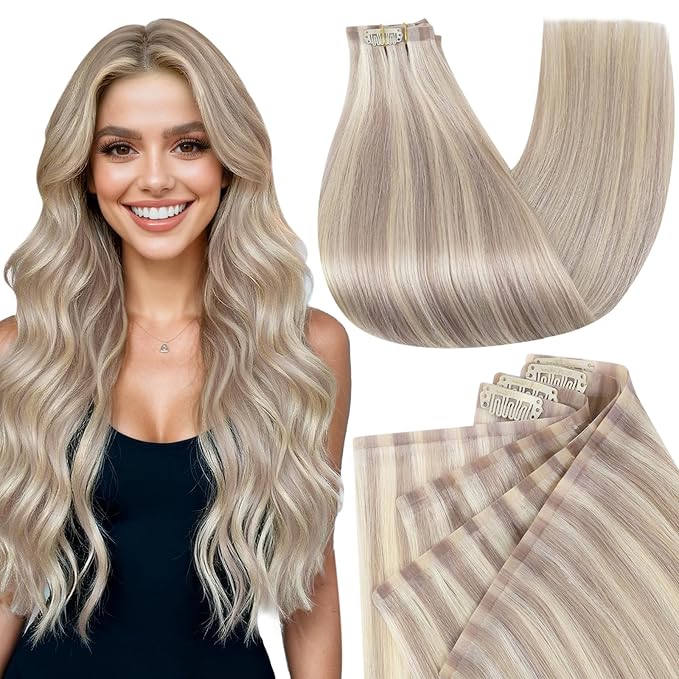 Full Shine Clip in Hair Extensions 18 inch 140g 8Pcs Seamless Hair Extensions Clip in Ash Blonde Highlight Bleach Blonde Remy Hair Clip ins for Women