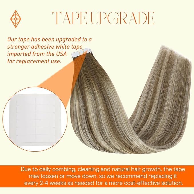 Full Shine Tape in Hair Extensions 20Inch Blonde Real Human Hair Tape in Extensions Color 6 Brown Ombre 6 And 60 Blonde Remy Invisible Hair Extensions Tape ins 50G 20Pcs Double Sided Tapes Straight