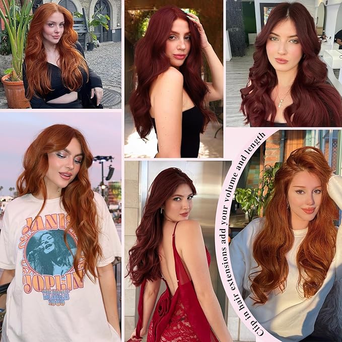 Clip in Hair Extensions for Women, 20 Inch 8PCS Red Hair Extensions Clip Ins Wavy, Synthetic Curly Hairpieces for Women, Invisible Lace Weft Hair Extension