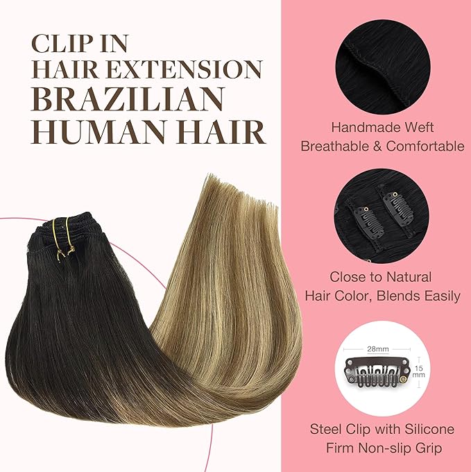 GOO GOO Clip in Hair Extensions Real Human Hair, Remy Human Hair Extensions Clip ins for Women, Natural Human Hair, 20inch 120g 7Pcs, 2/6/18 Balayage Brown to Dirty Blonde