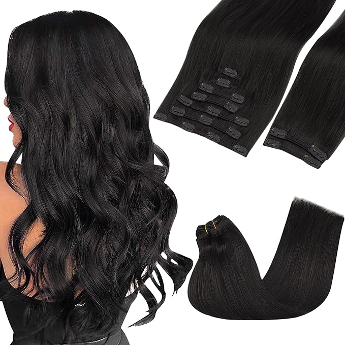 GOO GOO Clip in Hair Extensions Real Human Hair, Remy Human Hair Extensions Clip ins for Women, Natural Human Hair, 24inch 150g 9Pcs, #1B Natural Black