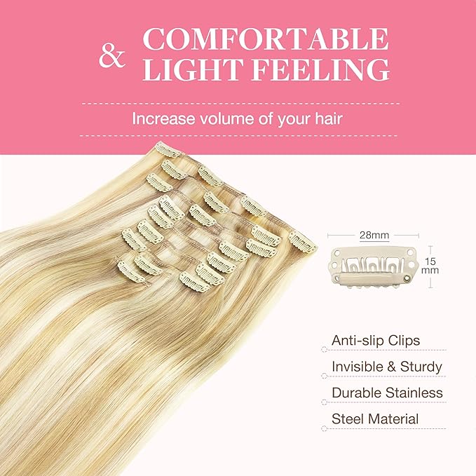 GOO GOO Clip in Hair Extensions Real Human Hair, Remy Human Hair Extensions Clip ins for Women, Natural Human Hair, 22inch 150g 9Pcs, 18D/22F Dirty Blonde Highlights