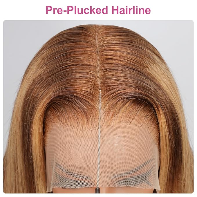 210% Density 13x6 Highlight Ombre Full Lace Frontal Wigs Human Hair 12A Body Wave Brazilian Human Hair Pre Plucked 4/27 Honey Blonde HD Glueless Transparent Lace with Baby Hair 26 Inch