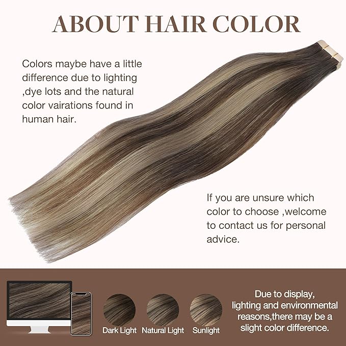 GOO GOO Tape in Hair Extensions Human Hair, 4/26/4 Balayage Chocolate Brown to Honey Blonde, 20inch 50g 20pcs, Skin Weft Seamless Invisible, Silky Straight with Thick Ends, Remy Human Hair
