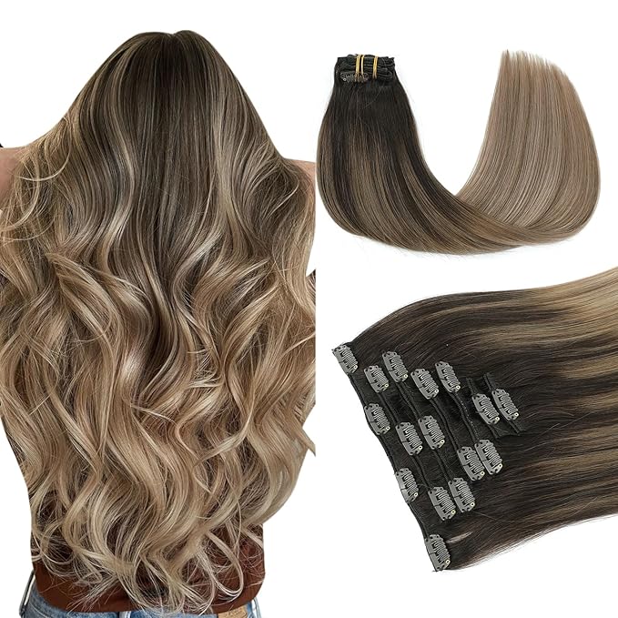 PINKPEARL Clip in Hair Extensions Real Human Hair #2/6/18 Balayage Dark Brown to Chestnut Brown and Ash Blonde 7pcs 120g 22inch Ombre Remy Human Hair Extensios Clip ins(#2/6/18-22)