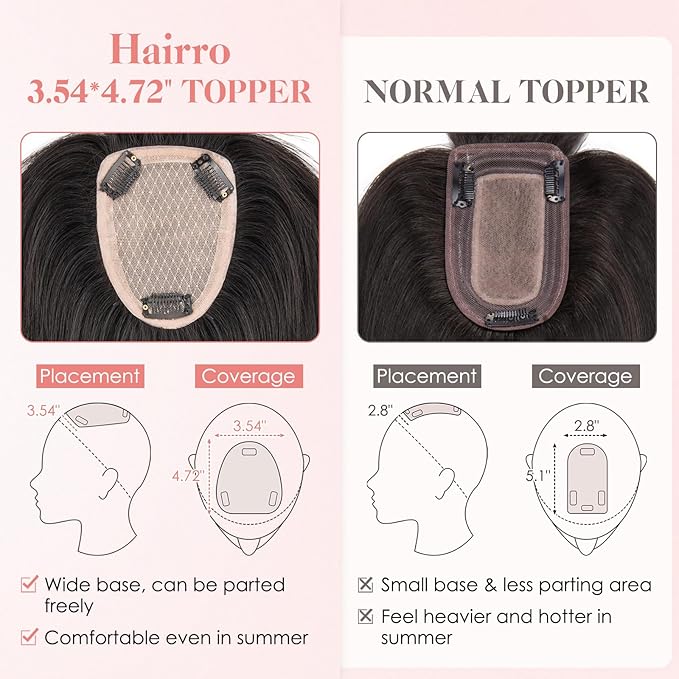 Hairro Human Hair Toppers with Wispy Bangs, 3.5x4.7" Hand-wovened Base for Women with Thinning Hair, Lightweight & Breathable Realistic Scalp, Clip-in Hairpieces for Easy Wear, 16 Inch Natural Black