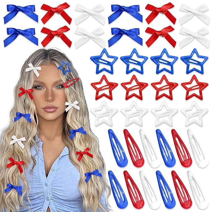36Pcs 4th of July Red Blue White Bow Hair Clips Cheer Star Snap Hair Barrettes Water Drop No Slip Hair Clips for Women Small Hair Bows Star Bowknot Hair Accessories for Girls