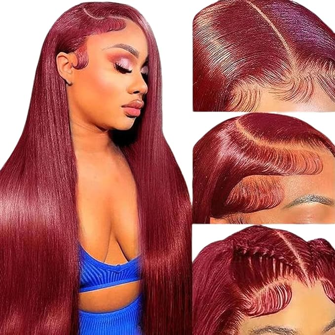 Burgundy Wig Human Hair 22inch 13x6 HD Transparent Lace Straight 99J Red Human Hair Wig Colored Reddish Brown Lace Frontal Wigs 180% Density Pre Plucked