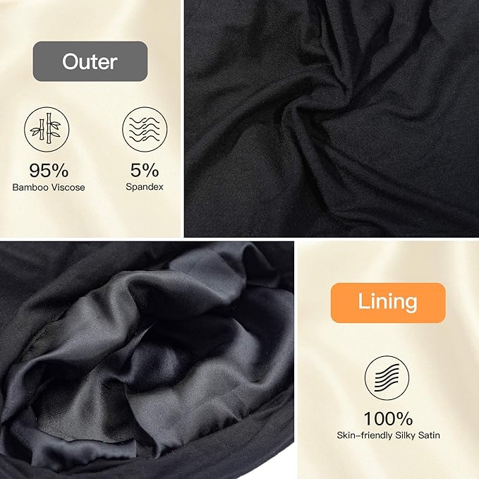 Silky Satin Lined Bonnet Sleep Cap - Adjustable Stay on All Night Hair Wrap Cover Slouchy Beanie for Curly Protection Women and Men Solid Black