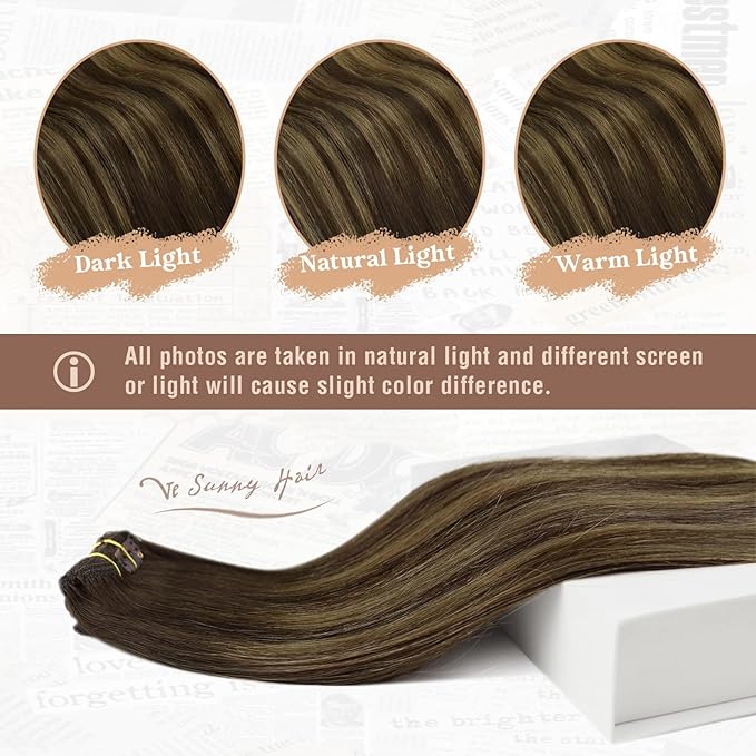 Ve Sunny Brown Clip in Hair Extensions Real Human Hair Balayage Clip in Human Hair Extensions Brown with Caramel Blonde Clip on Hair Extensions for Women 16inch 120g 7pcs