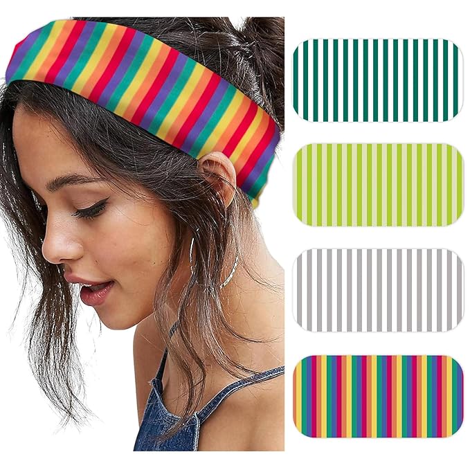 4pcs Striped Headbands for Women Wide Head Bands for Women's Hair Non Slip Wraps Elastic Stretchy Fashion Bandanas Workout Yoga Cute Hair Bands for Women's Hair Accessories