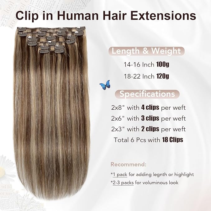 XDhair Clip In Hair Extensions Human Hair 22 Inch Medium Brown #4 Mixed to Caramel Blonde #27 Clip In Extensions Real Human Hair Thick Ends Straight 120g 6pcs (#4/27,22Inch)