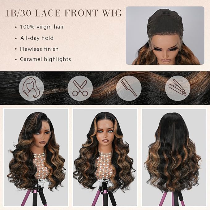 Body Wave 13x4 Full Frontal Lace Wig Skinlike HD Lace 0.10mm Ultra-thin Invisible 1B/30 Highlight Ombre Brown Colored Pre-plucked Tiny Knots Balayage Lace Front Wig 200% Density 20 Inch for Women