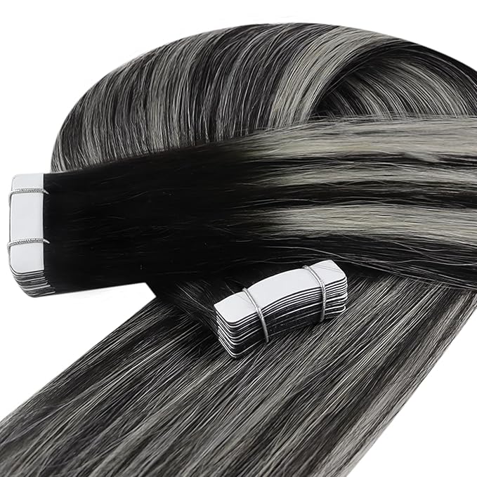 YoungSee Tape in Human Hair Extensions Ombre Black Tape Extensions Human Hair Off Black Ombre Sliver Balayage Tape-in Hair Extensions Real Human Hair 22 Inch 50g 20pcs Long Straight Hair