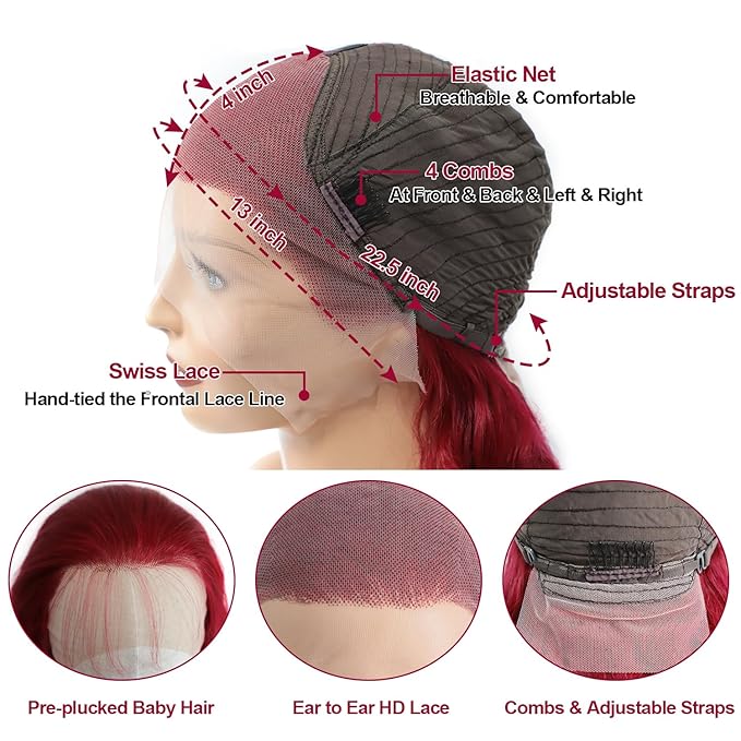 99J Burgundy Lace Front Wigs Human Hair 200% Density 13X4 Body Wave Lace Frontal Wigs for Women Glueless HD Red Wigs Human Hair Pre Plucked with Bleached Knots Natural Hairline 22 Inch