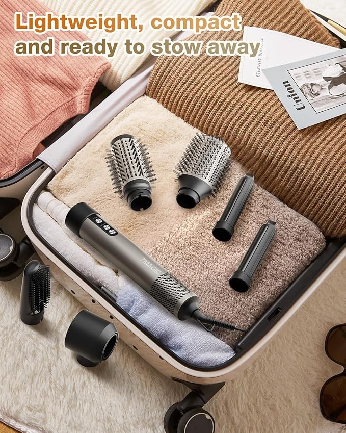 7MAGIC Hair Dryer Brush & 6 in 1 Hair Styler, Silver, 110 Volts, 1200 Watts, Ionic Technology, Fast Drying, Multi Styler for Straight, Wavy, Curly, and Coily Hair