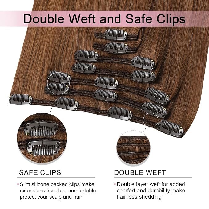 Pro2.0 Clip in Hair Extensions Real Human Hair 120g Thick 7pcs Color #33 Dark Auburn Copper Remy Real Human Hair Extensions Clip ins 14inch Seamless Double Weft for Women（#33-14inch）