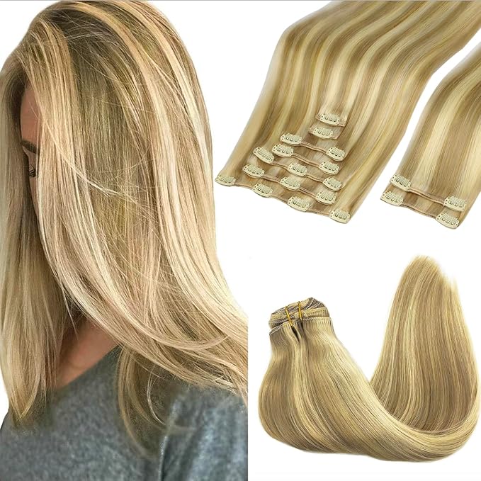 GOO GOO Clip in Hair Extensions Real Human Hair, Remy Human Hair Extensions Clip ins for Women, Natural Human Hair, 22inch 220g 9Pcs, #16/22 Light Blonde Highlighted Golden Blonde