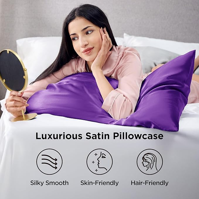 Bedsure Satin Pillowcase 2 Pack Similar to Silk Pillow Cases Standard Size, Pillow Case for Sleeping Women with Envelope Closure, Gifts for Women Men, Purple, 20x26 Inches, 2pcs