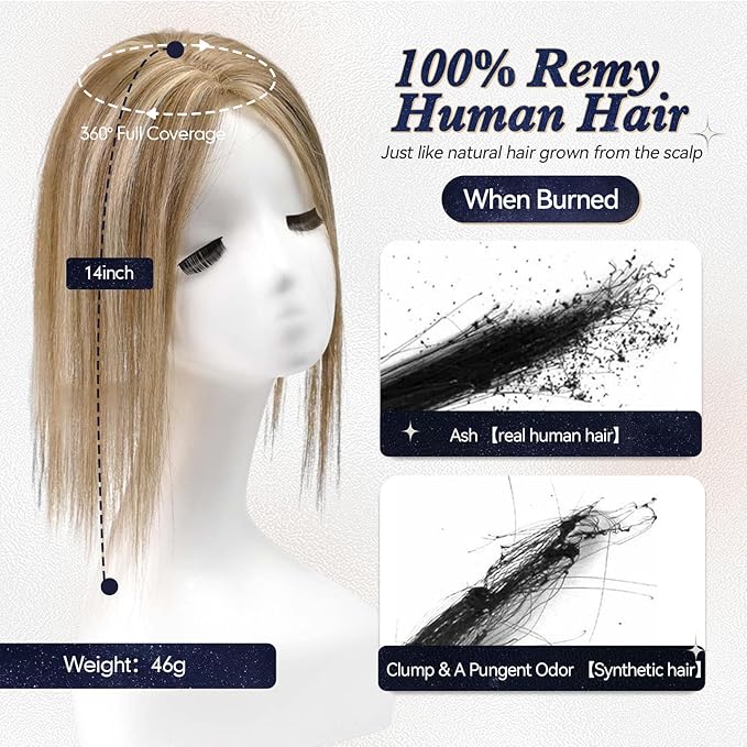 starluck Hair Toppers for Women Real Human Hair No Bangs, 100% Remy HumanHair Toppers for Women Hand-woven with Thinning,Cover Gray Roots,Adds Volume, Mixed Blonde And Brown