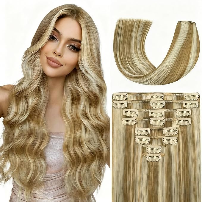 Blonde Clip in Hair Extensions Real Human Hair, 22 Inch 110g Natural Human Hair, Remy Human Hair Extensions Cip ins for Women 8pcs Per Set #16/22 Light Blonde Highlighted Golden Blonde