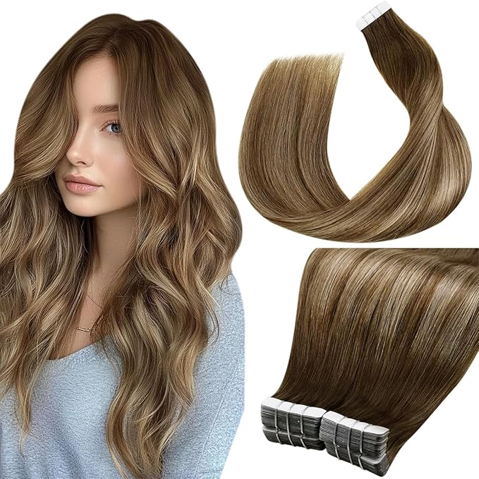 LaaVoo Hair Extensions Tape in Human Hair Brown Tape in Hair Extensions Balayage Light Brown to Ash Brown Human Hair 40pcs 100g 22 Inch