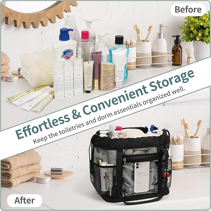 Large Shower Caddy Portable, Mesh Shower Caddy with Hook, Hanging Toiletry Bag with Dividers, Quick Dry Bathroom Tote Shower Bag with Bottom Zipper Open Design for Gym, Dorm, Camping, Beach, Travel