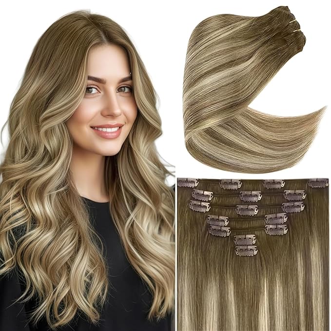 Ve Sunny Clip in Hair Extensions 22inch Real Hair Clip in Extensions Ombre Human Hair Extensions Clip ins Dark Brown to Light Brown with Blonde Balayage Winter Clip on Hair Extensions 120g 7pcs
