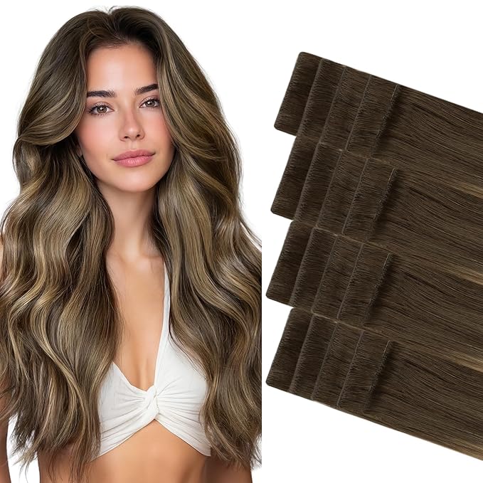 GOO GOO Invisi Edge Tape in Hair Extensions Human Hair, 4/27/4 Balayage Chocolate Brown to Caramel Blonde 20pcs 22inch 50g, Virgin Remy Hair, Seamless Injected Tape, Natural Look
